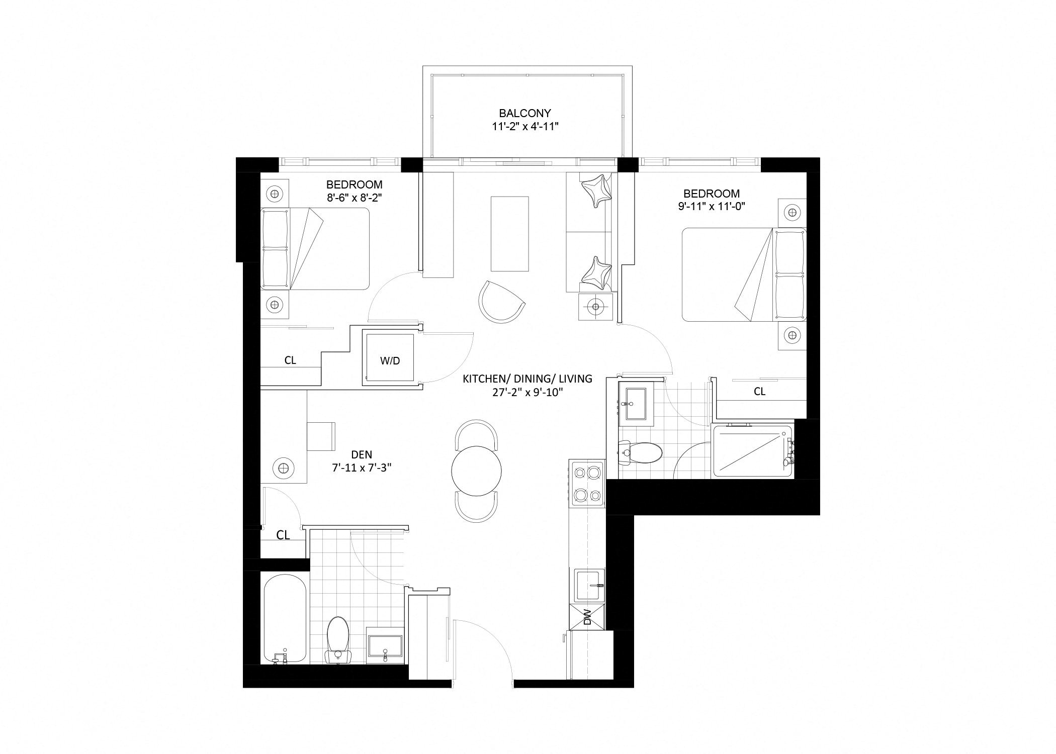 Floor plan for 2 beds, 2 baths, 751 sqft
